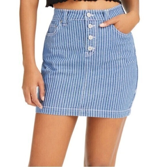 Dickies Railroad Striped Denim Mini Skirt Blue White Button Fly 5/27 - Picture 2 of 10